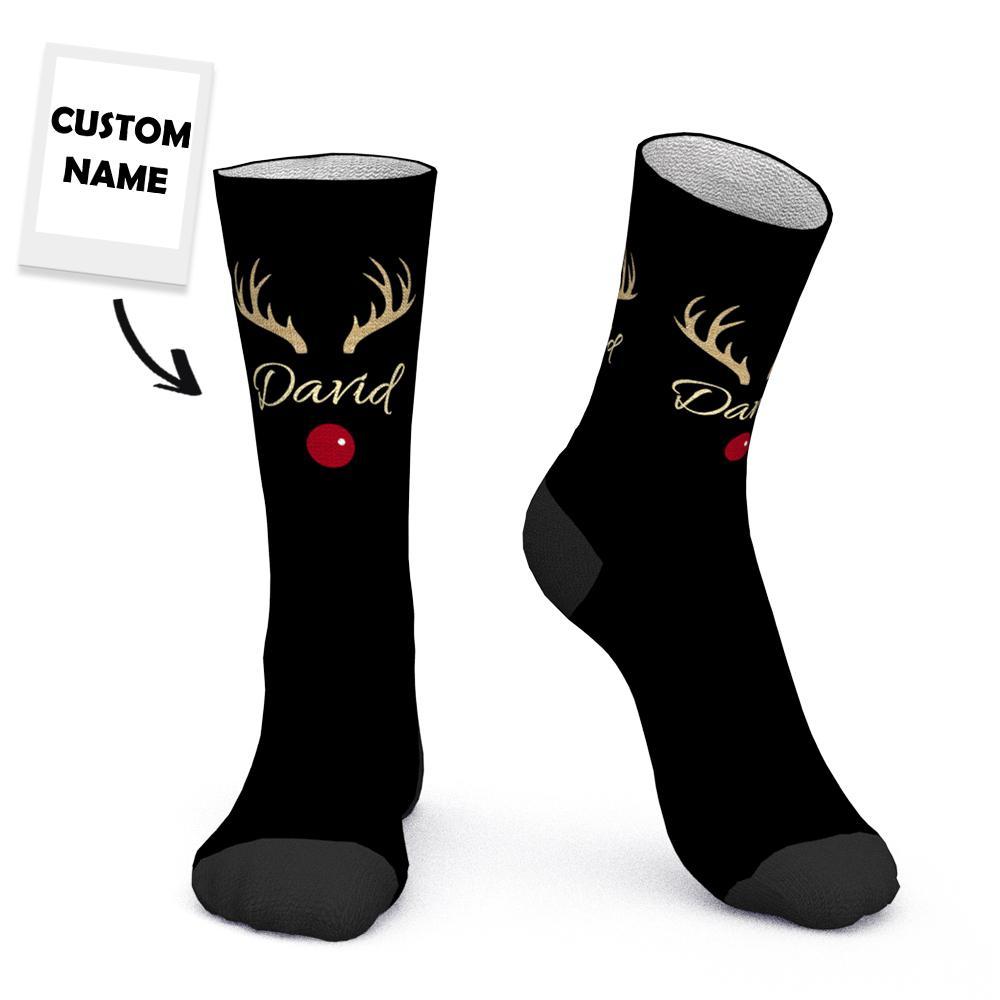Custom Engraved Socks Reindeer Horns Christmas Name Black Gift - PhotoBoxer