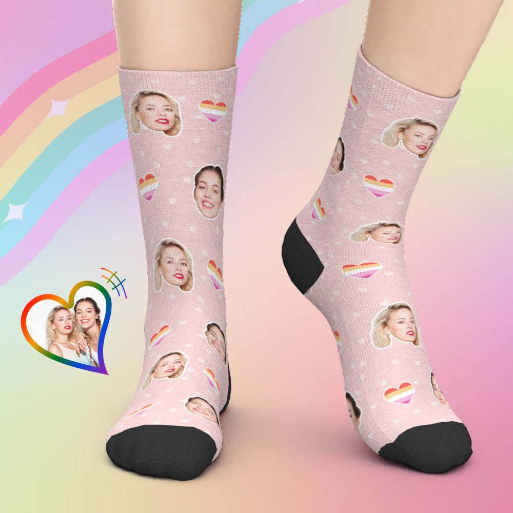 LGBT Gifts, Custom Face Socks Add Pictures - LGBT Rainbow Heart - PhotoBoxer