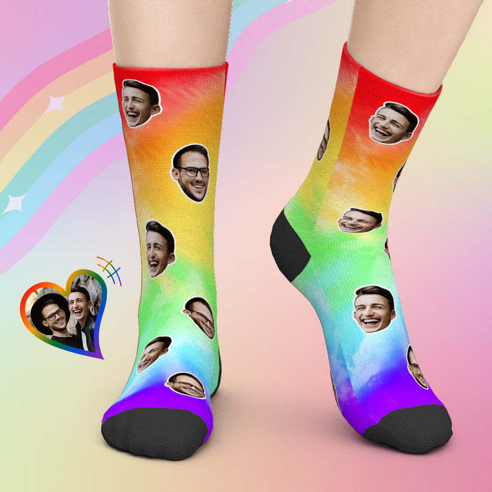 LGBT Gifts, Custom Face Socks Add Pictures - LGBT Rainbow Colorful - PhotoBoxer