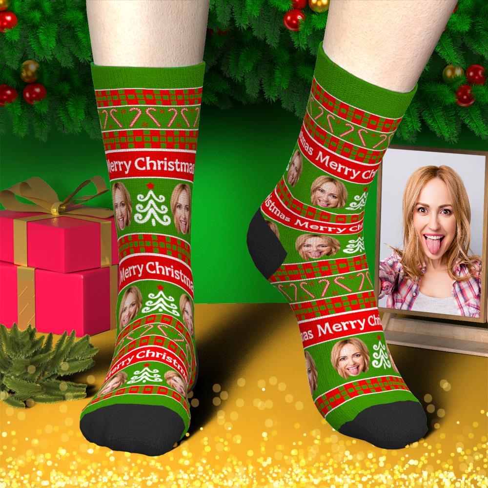 Custom Face Socks Personalized Green Photo Socks Santa Socks Christmas Gift for Famliy - PhotoBoxer
