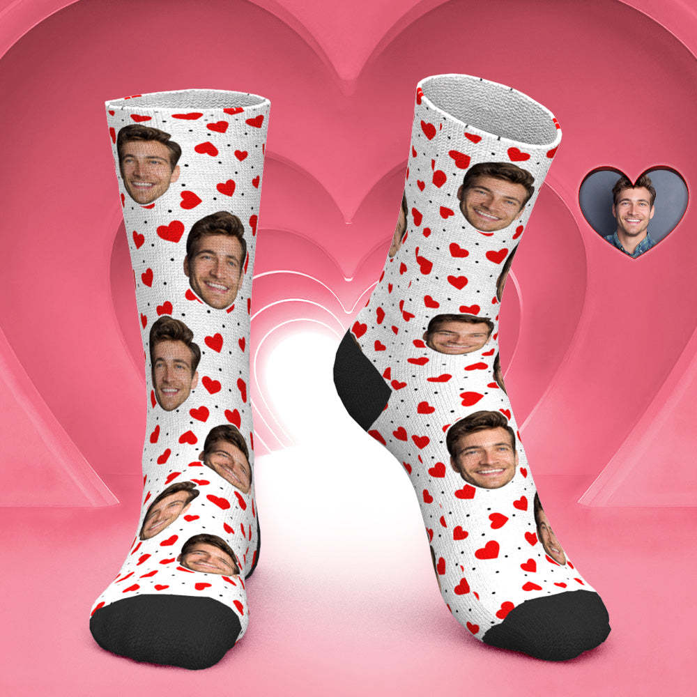 Custom Face Socks Personalized Photo Socks Valentine's Day Gift for Her - Red Heart - PhotoBoxer