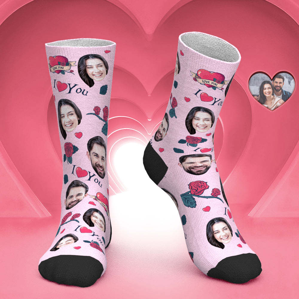 Custom Face Socks Personalized Photo Socks Valentine's Day Gift for Her - Rose Flower - PhotoBoxer