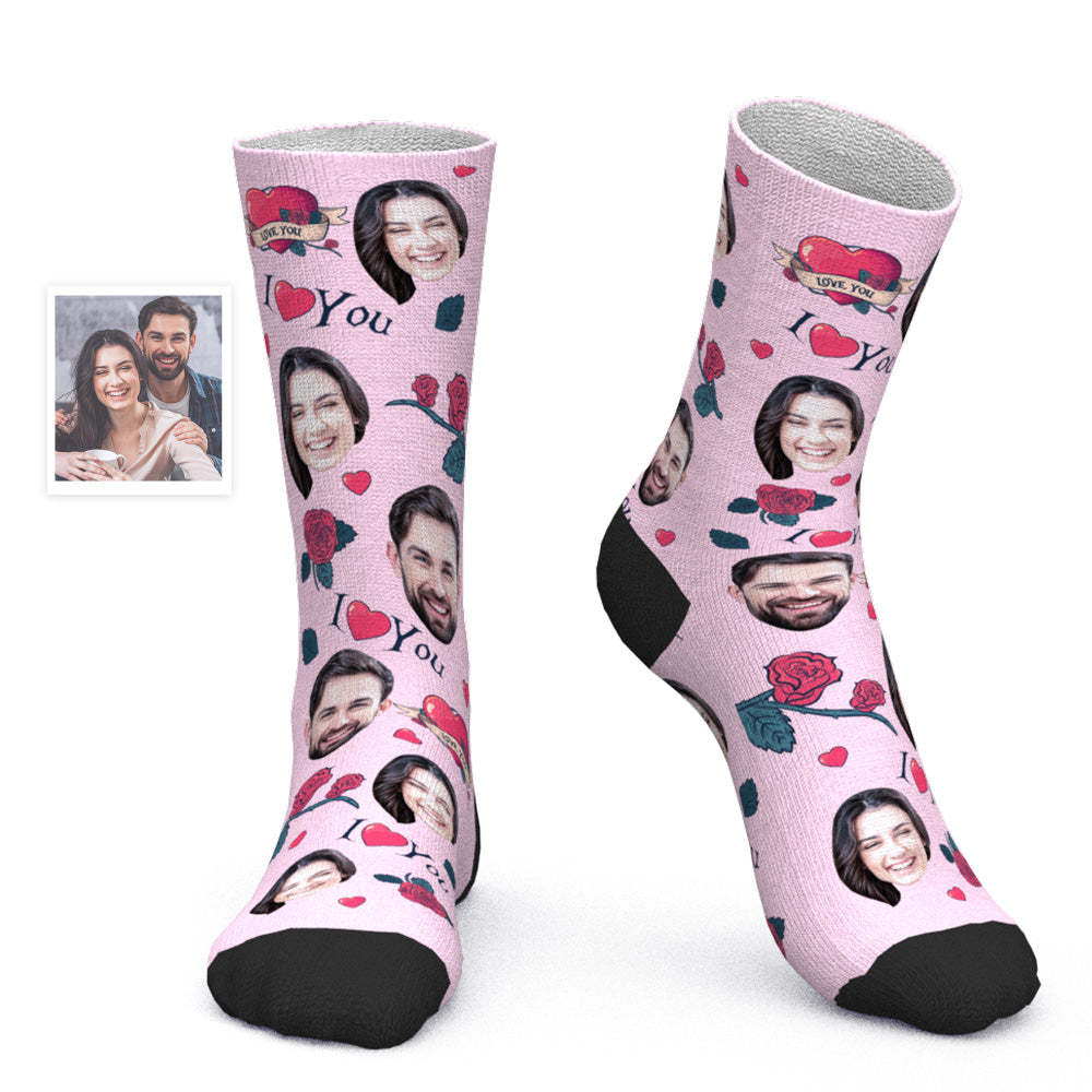 Custom Face Socks Personalized Photo Socks Valentine's Day Gift for Her - Rose Flower - PhotoBoxer