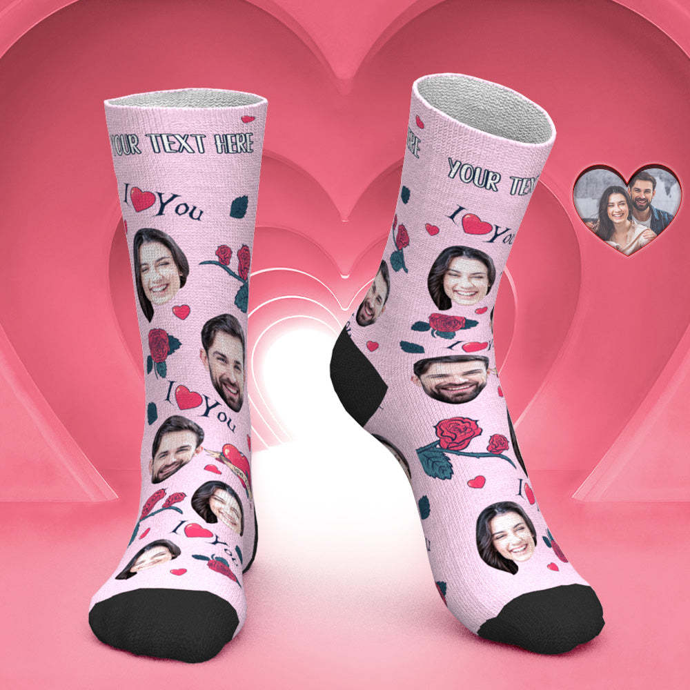 Custom Face Socks Personalized Photo Socks Valentine's Day Gift for Her - Rose Flower - PhotoBoxer