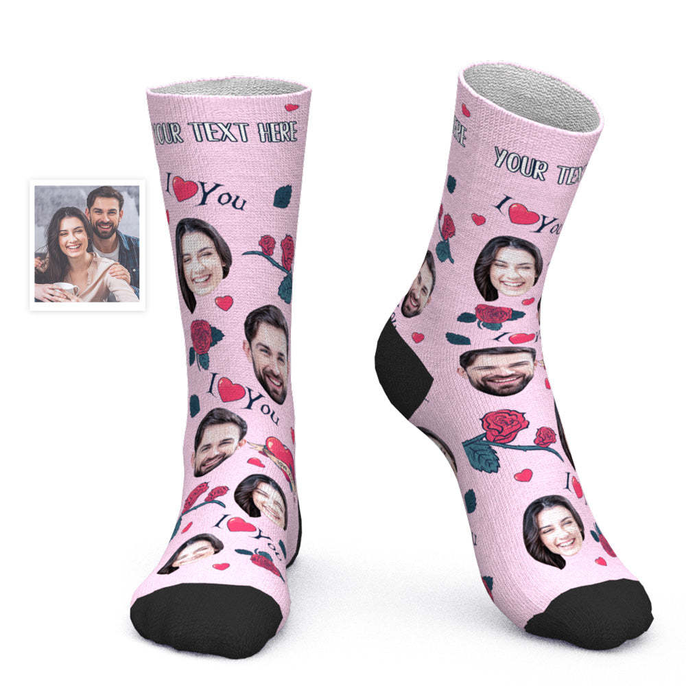 Custom Face Socks Personalized Photo Socks Valentine's Day Gift for Her - Rose Flower - PhotoBoxer