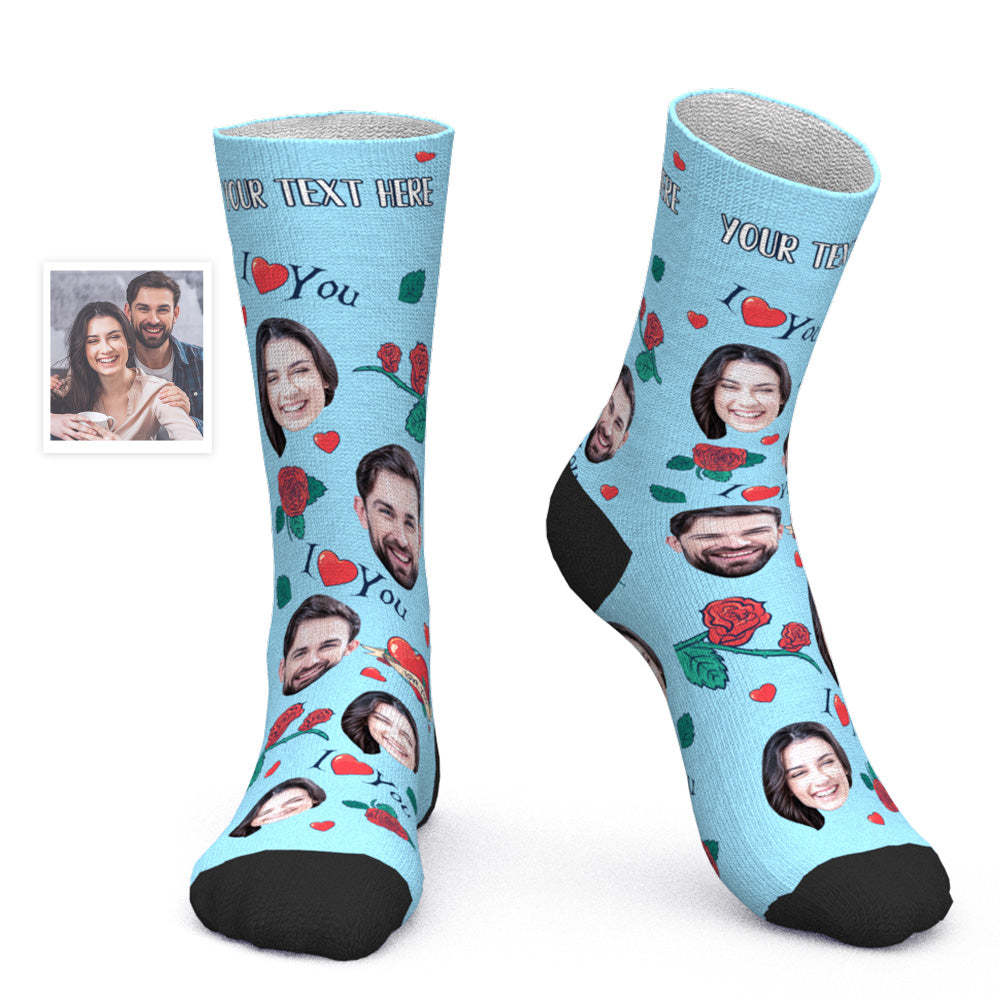 Custom Face Socks Personalized Photo Socks Valentine's Day Gift for Her - Rose Flower - PhotoBoxer