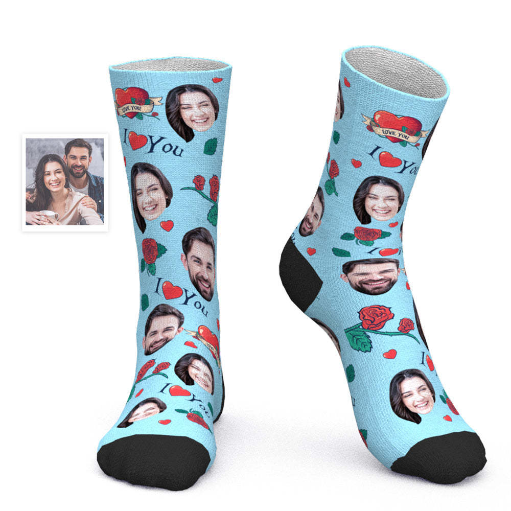 Custom Face Socks Personalized Photo Socks Valentine's Day Gift for Her - Rose Flower - PhotoBoxer