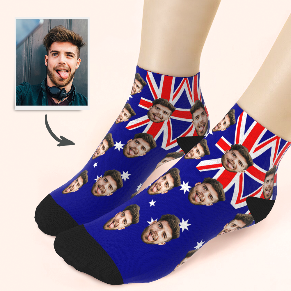 Custom Husband Face Australia Flag Ankle Socks - PhotoBoxer