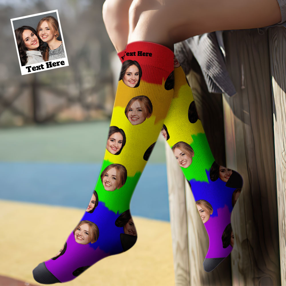 Custom Knee High Face Socks Summer Socks Add Pictures And Name - LGBT Tie Dye - PhotoBoxer