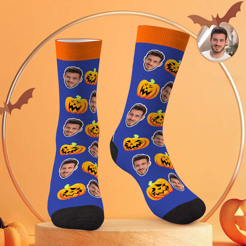 Custom Face Socks Personalized Photo Halloween Blue Socks Pumpkin