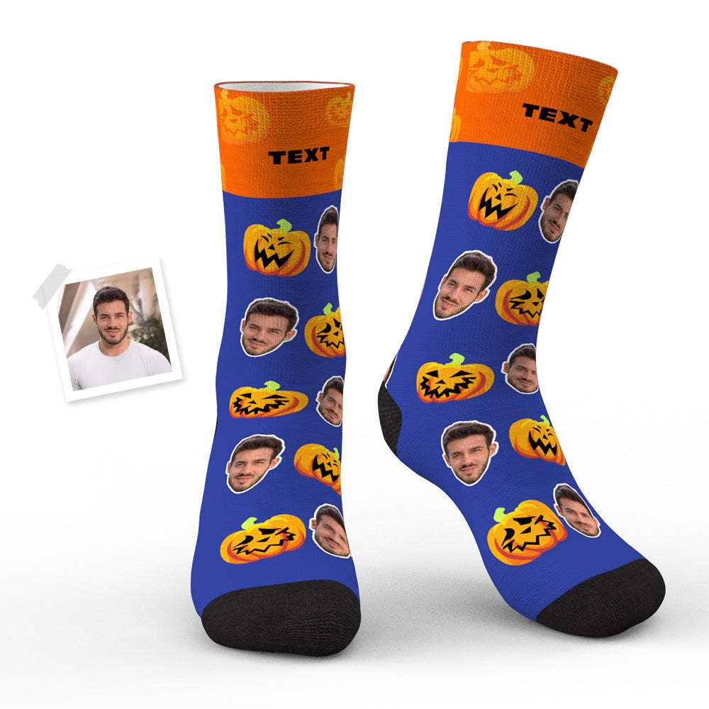 Custom Face Socks Personalized Photo Halloween Blue Socks Pumpkin