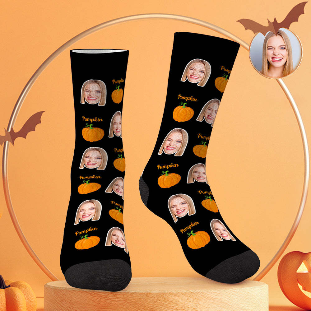 Custom Face Socks Personalized Photo Halloween Black Socks Pumpkin
