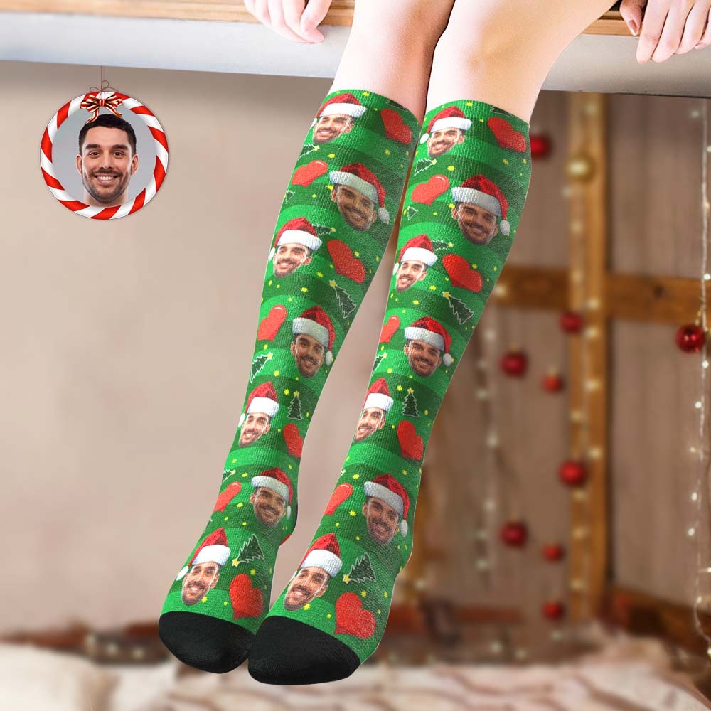 Custom Knee High Printed Picture Personalized Face Christmas Socks Red Love - PhotoBoxer