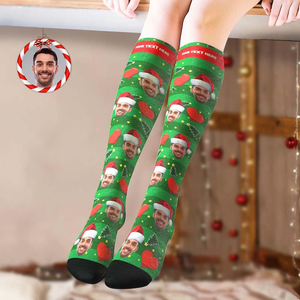 Custom Knee High Printed Picture Personalized Face Christmas Socks Red Love - PhotoBoxer