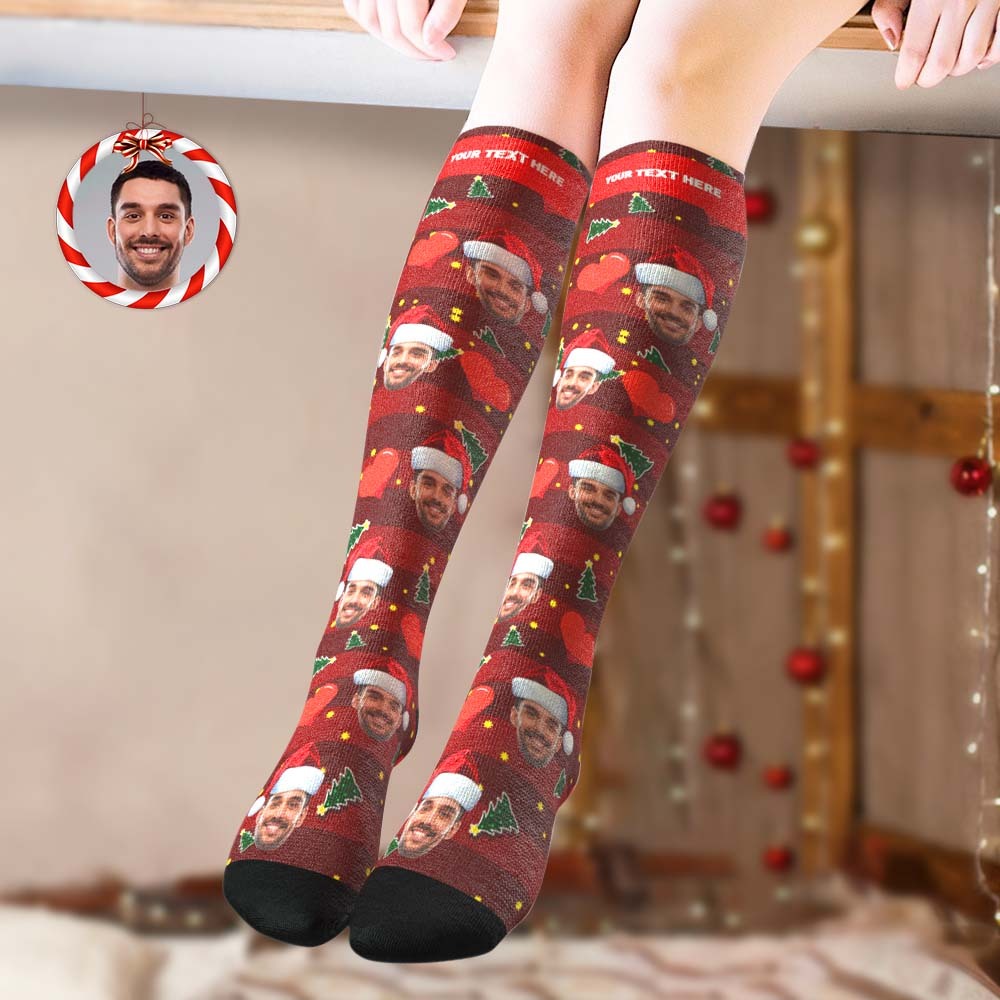 Custom Knee High Printed Picture Personalized Face Christmas Socks Red Love - PhotoBoxer