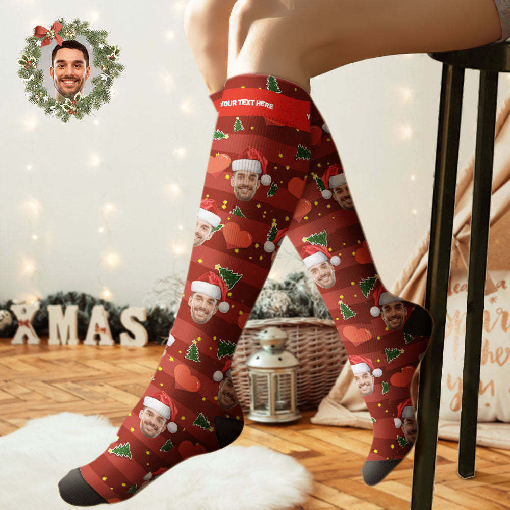 Custom Knee High Printed Picture Personalized Face Christmas Socks Red Love - PhotoBoxer