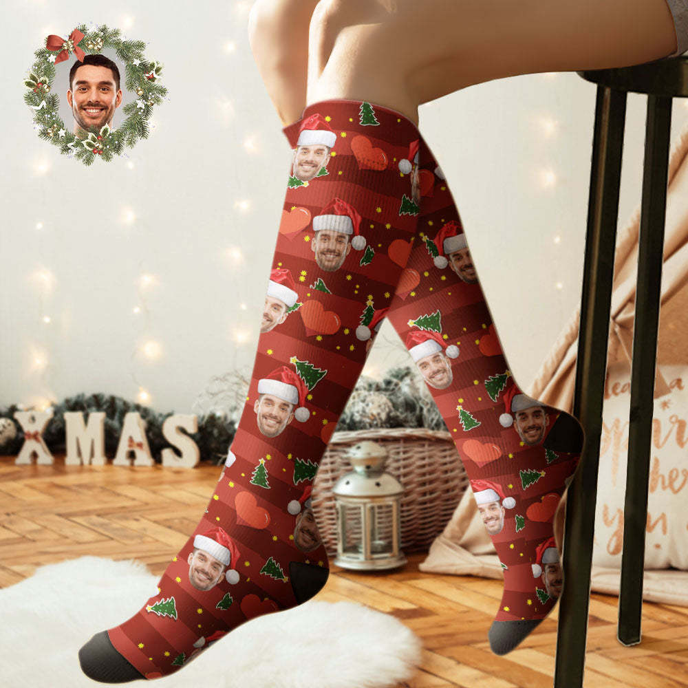 Custom Knee High Printed Picture Personalized Face Christmas Socks Red Love - PhotoBoxer