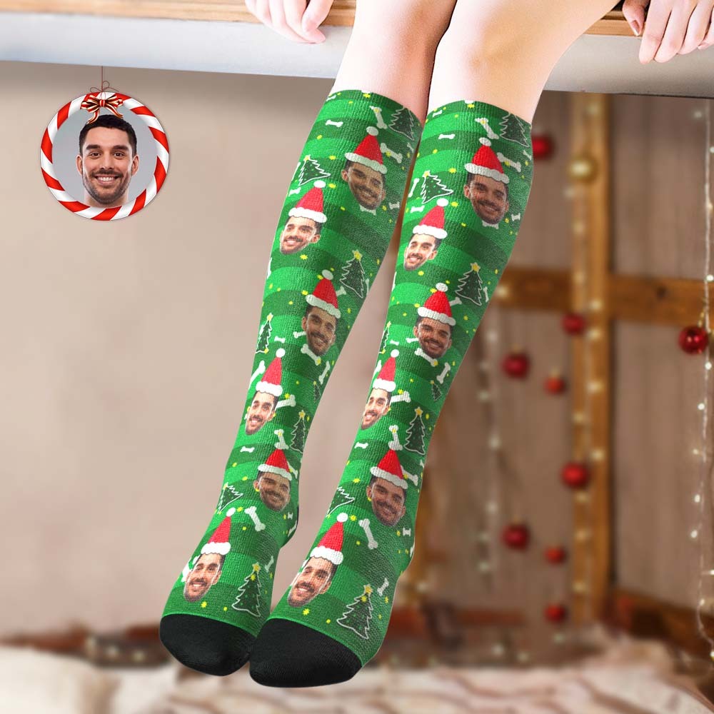 Custom Knee High Socks Personalized Face Christmas Socks Christmas Tree - PhotoBoxer