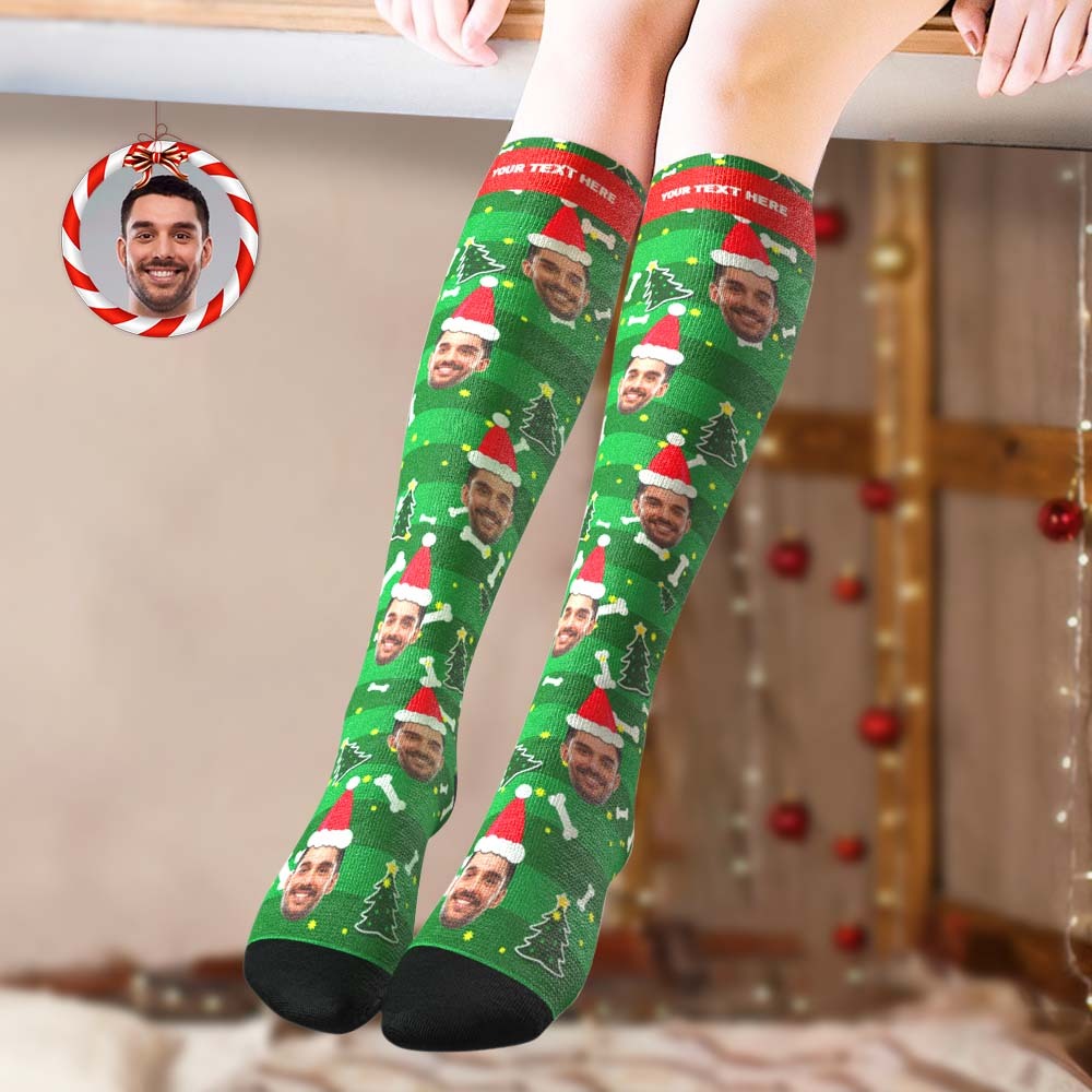 Custom Knee High Socks Personalized Face Christmas Socks Christmas Tree - PhotoBoxer