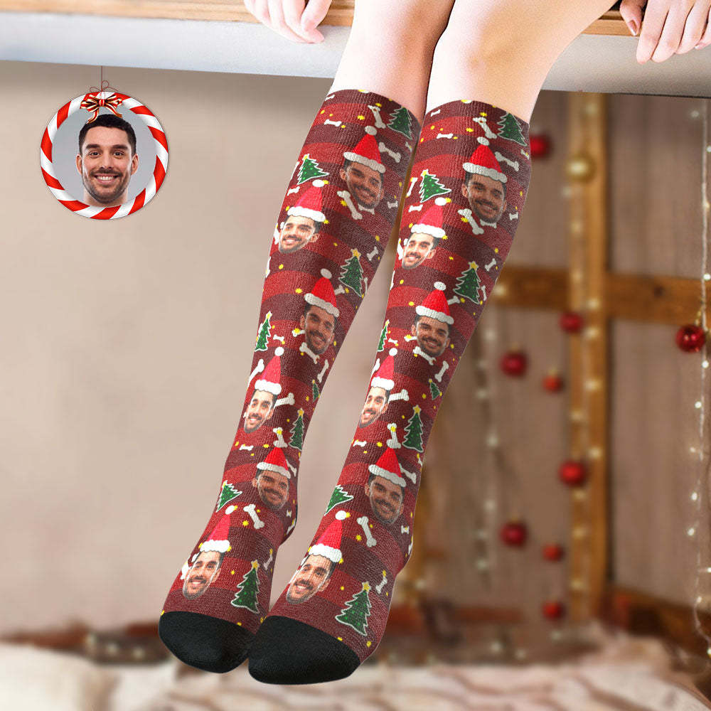 Custom Knee High Socks Personalized Face Christmas Socks Christmas Tree - PhotoBoxer