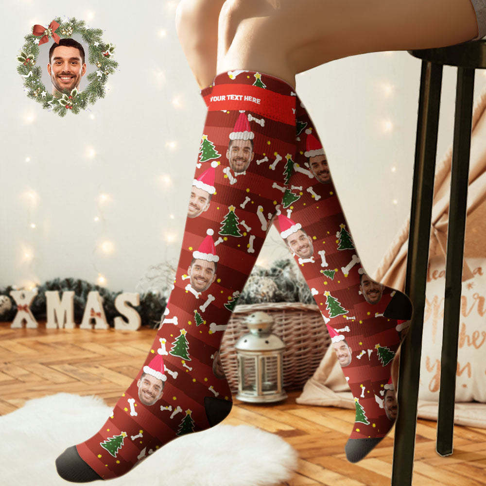 Custom Knee High Socks Personalized Face Christmas Socks Christmas Tree - PhotoBoxer
