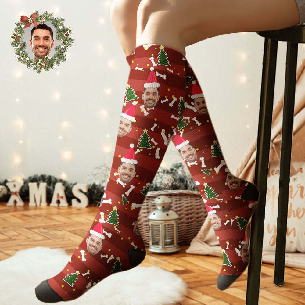 Custom Knee High Socks Personalized Face Christmas Socks Christmas Tree - PhotoBoxer