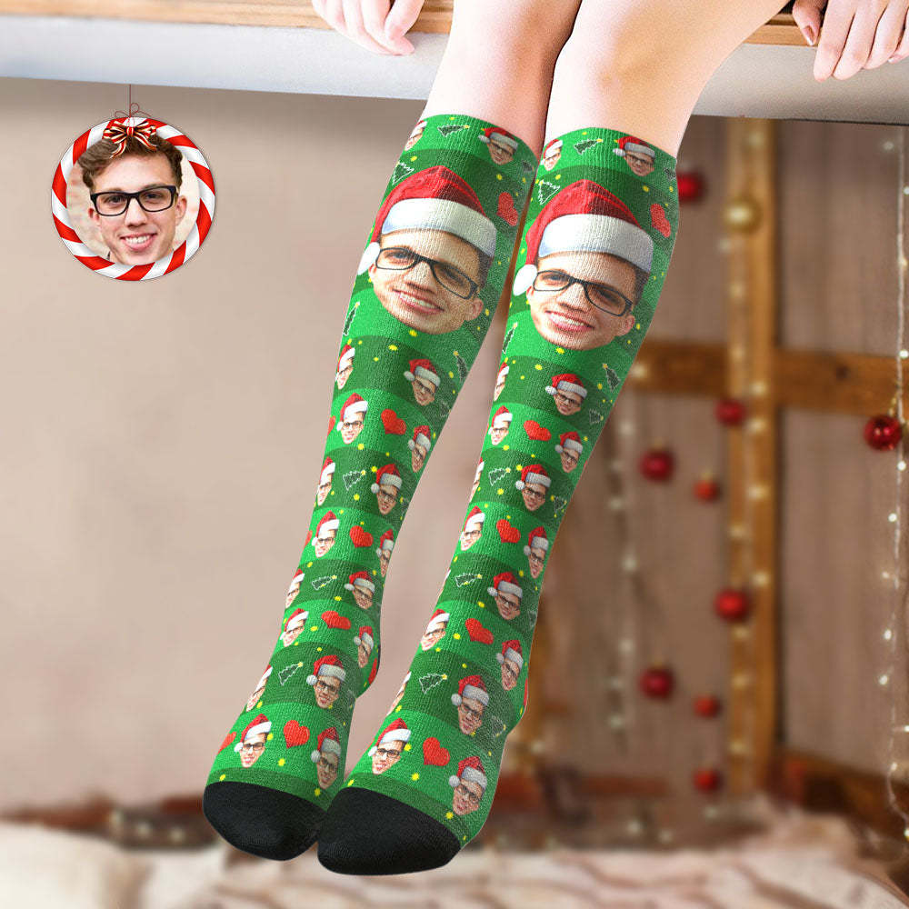 Custom Knee High Socks Personalized Big Face Christmas Socks Christmas Tree - PhotoBoxer
