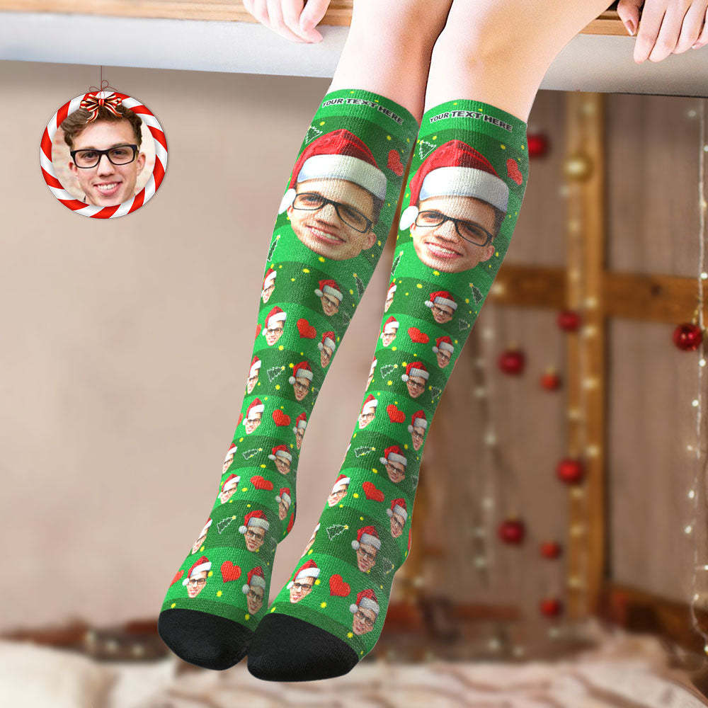 Custom Knee High Socks Personalized Big Face Christmas Socks Christmas Tree - PhotoBoxer