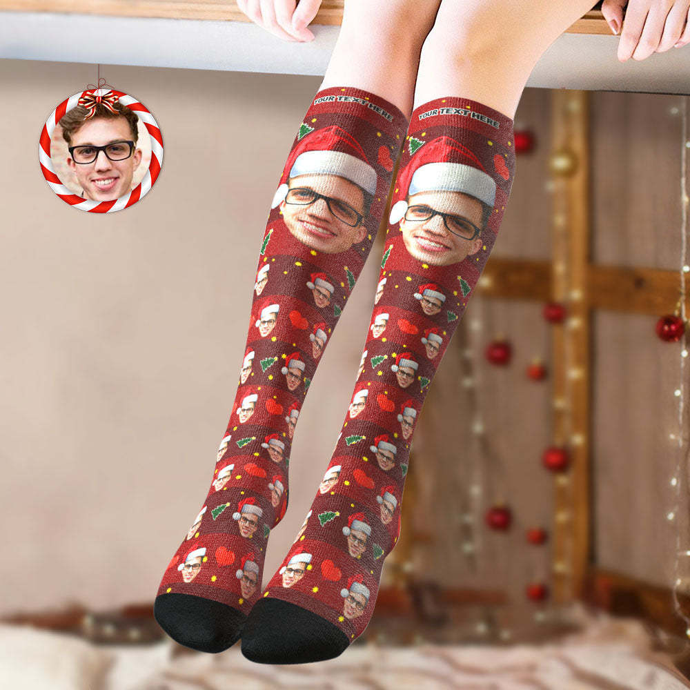 Custom Knee High Socks Personalized Big Face Christmas Socks Christmas Tree - PhotoBoxer