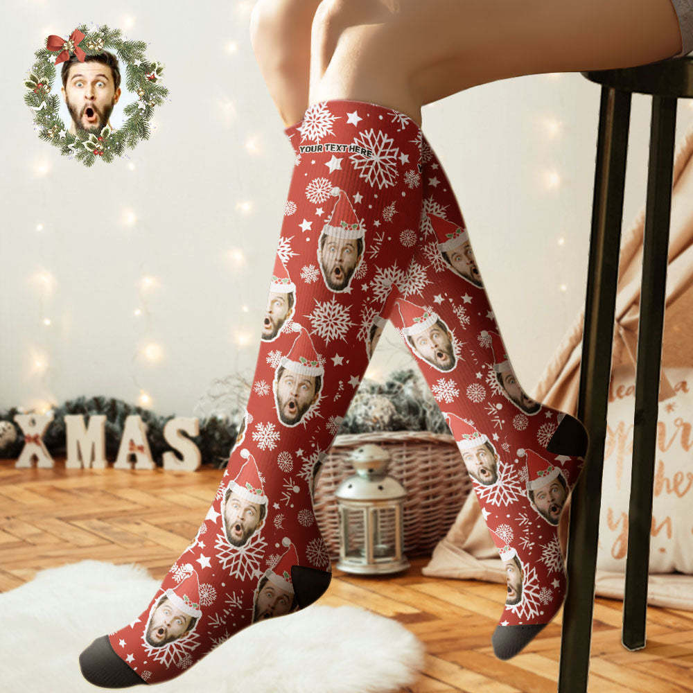 Custom Knee High Socks Personalized Face Christmas Socks Snowflake - PhotoBoxer