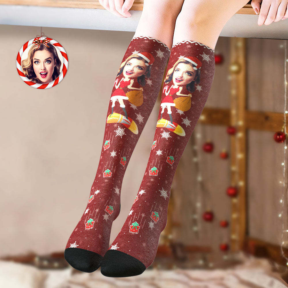Custom Knee High Printed Picture Personalized Face Christmas Socks Pinup Girl - PhotoBoxer