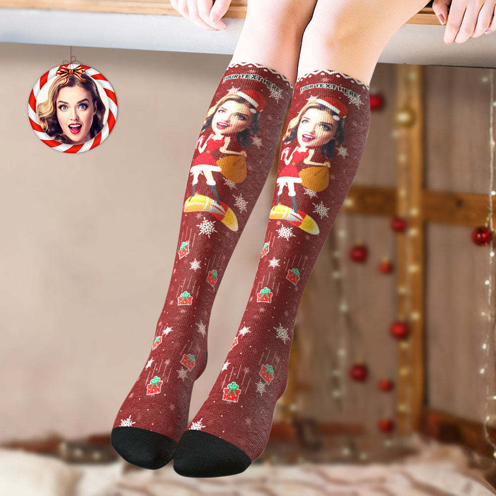 Custom Knee High Printed Picture Personalized Face Christmas Socks Pinup Girl - PhotoBoxer