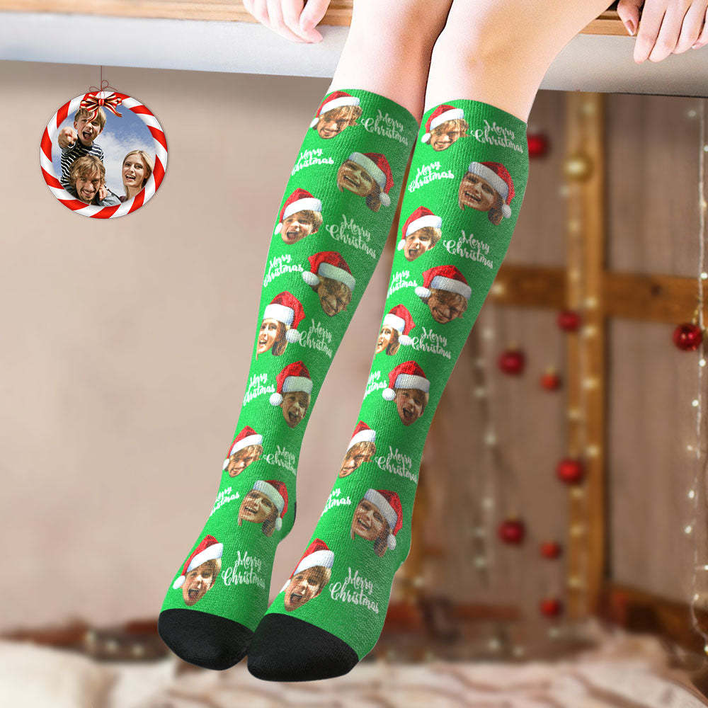 Custom Knee High Socks Personalized Face Socks Merry Christmas - PhotoBoxer