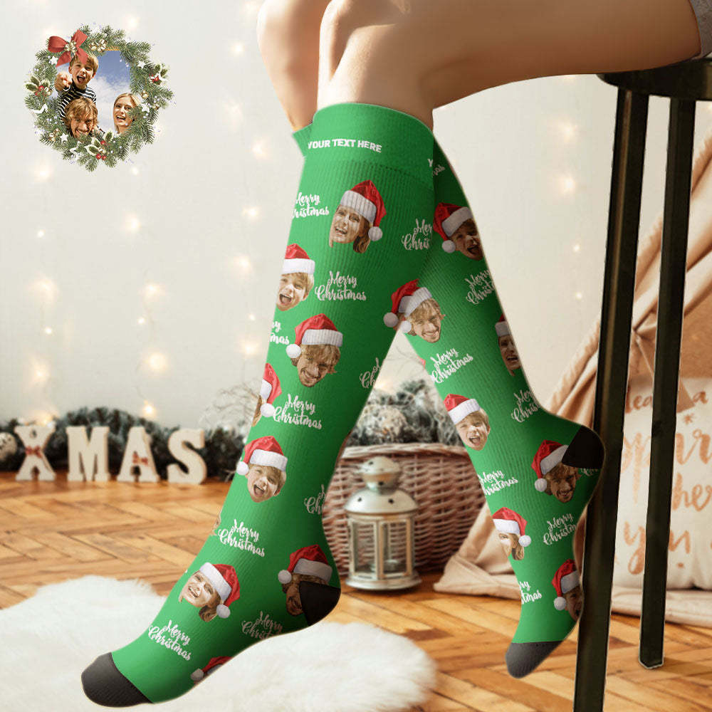 Custom Knee High Socks Personalized Face Socks Merry Christmas - PhotoBoxer