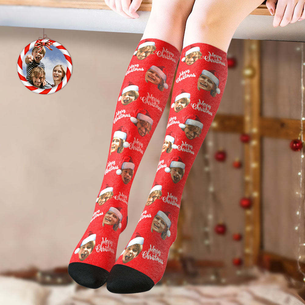 Custom Knee High Socks Personalized Face Socks Merry Christmas - PhotoBoxer