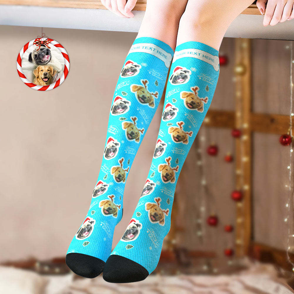 Custom Knee High Socks Personalized Face Socks Merry Christmas Dog Face for Pet Lover - PhotoBoxer