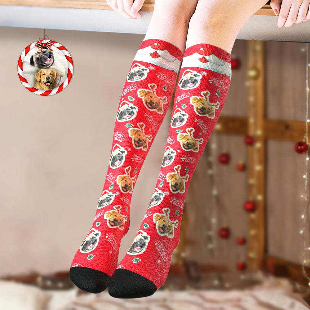 Custom Knee High Socks Personalized Face Socks Merry Christmas Dog Face for Pet Lover - PhotoBoxer