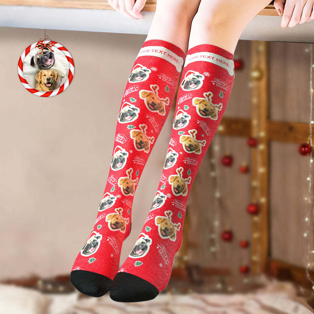 Custom Knee High Socks Personalized Face Socks Merry Christmas Dog Face for Pet Lover - PhotoBoxer