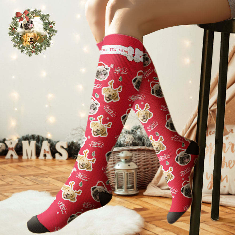 Custom Knee High Socks Personalized Face Socks Merry Christmas Dog Face for Pet Lover - PhotoBoxer