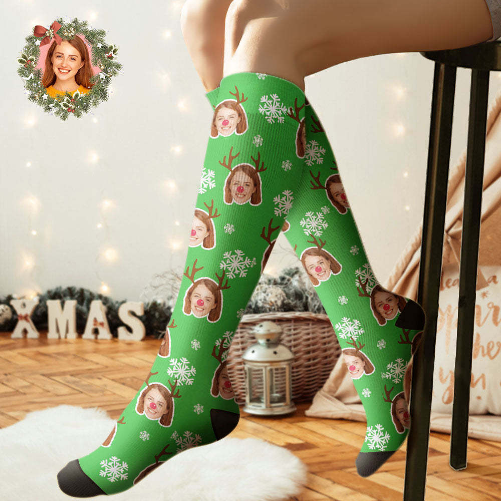 Custom Knee High Socks Personalized Moose Face Socks Christmas Gift - PhotoBoxer