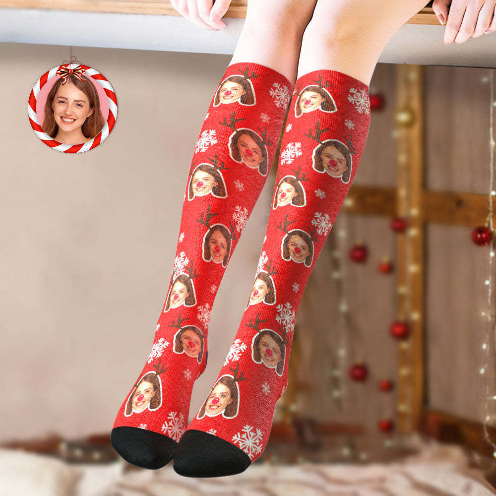 Custom Knee High Socks Personalized Moose Face Socks Christmas Gift - PhotoBoxer