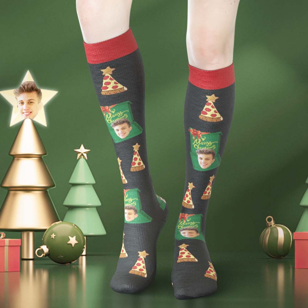 Custom Face Knee High Socks Personalized Photo Socks Christmas Hat Merry Christmas