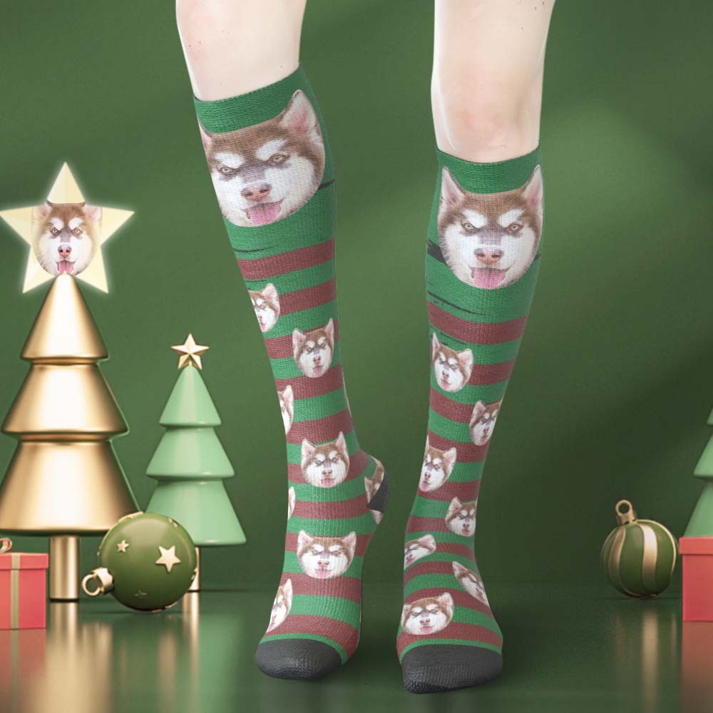 Custom Face Knee High Socks Personalized Pet's Photo Socks Christmas Gifts - Green