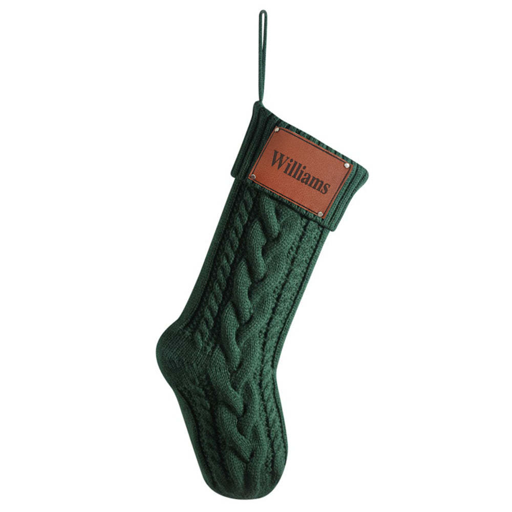 Personalized Christmas Stocking with Name Leather Patches Knitted Xmas Stockings Decoration - PhotoBoxer