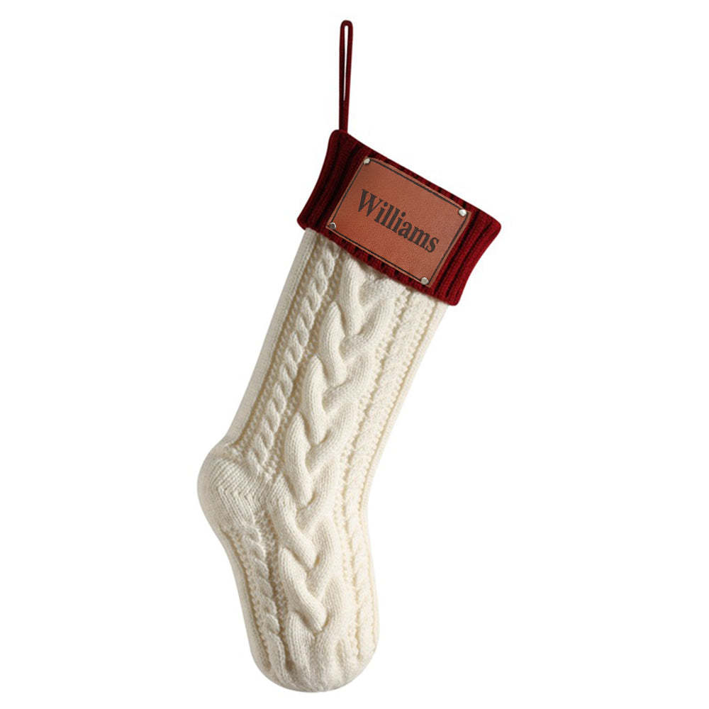 Personalized Christmas Stocking with Name Leather Patches Knitted Xmas Stockings Decoration - PhotoBoxer
