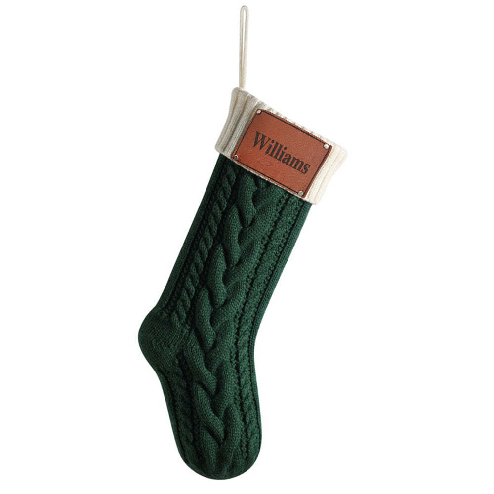 Personalized Christmas Stocking with Name Leather Patches Knitted Xmas Stockings Decoration - PhotoBoxer