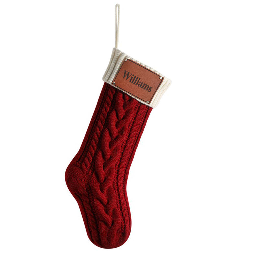 Personalized Christmas Stocking with Name Leather Patches Knitted Xmas Stockings Decoration - PhotoBoxer