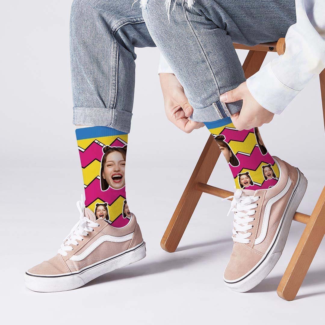 Lightning Striped Face Socks Personalized Photo Socks - PhotoBoxer