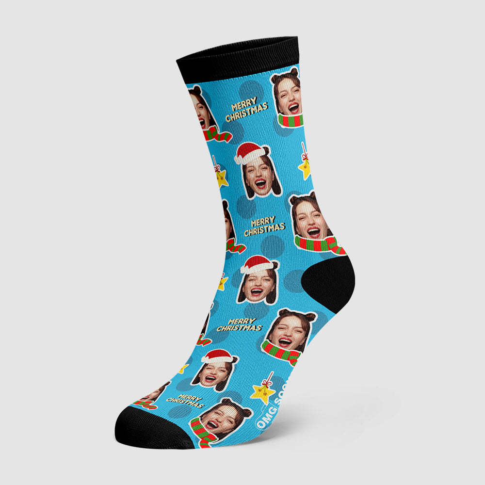 Merry Christmas Socks Custom Scarf And Christmas Hat Face socks - PhotoBoxer