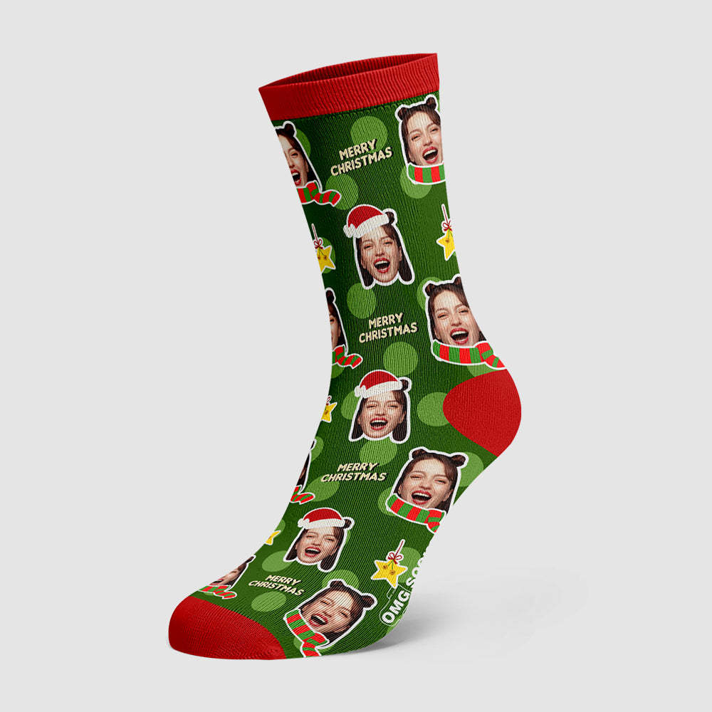 Merry Christmas Socks Custom Scarf And Christmas Hat Face socks - PhotoBoxer